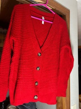 Zenana Outfitters Bright Red Chunky V-Neck Button Cardigan